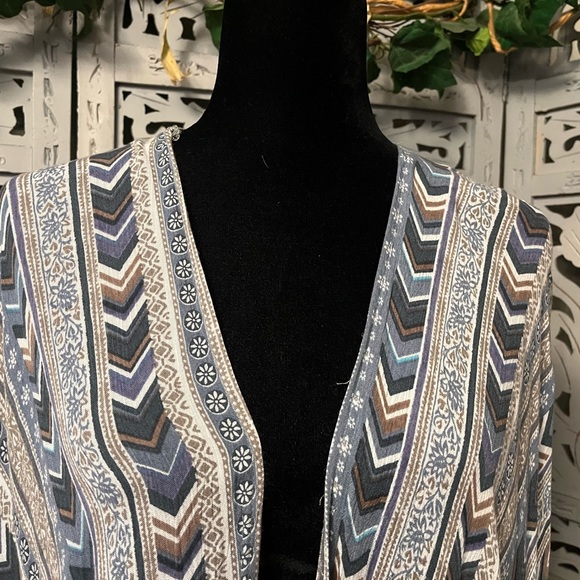 WISHLIST APPAREL SWEET TONES BLUE & TAN DESIGN ANGEL WING WRAP SHAWL KIMONO - Picture 2 of 8